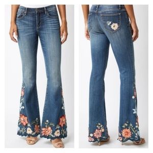 Driftwood Jeans Farrah Flared Floral Embroidered Mid-Rise Bell-Bottoms 27